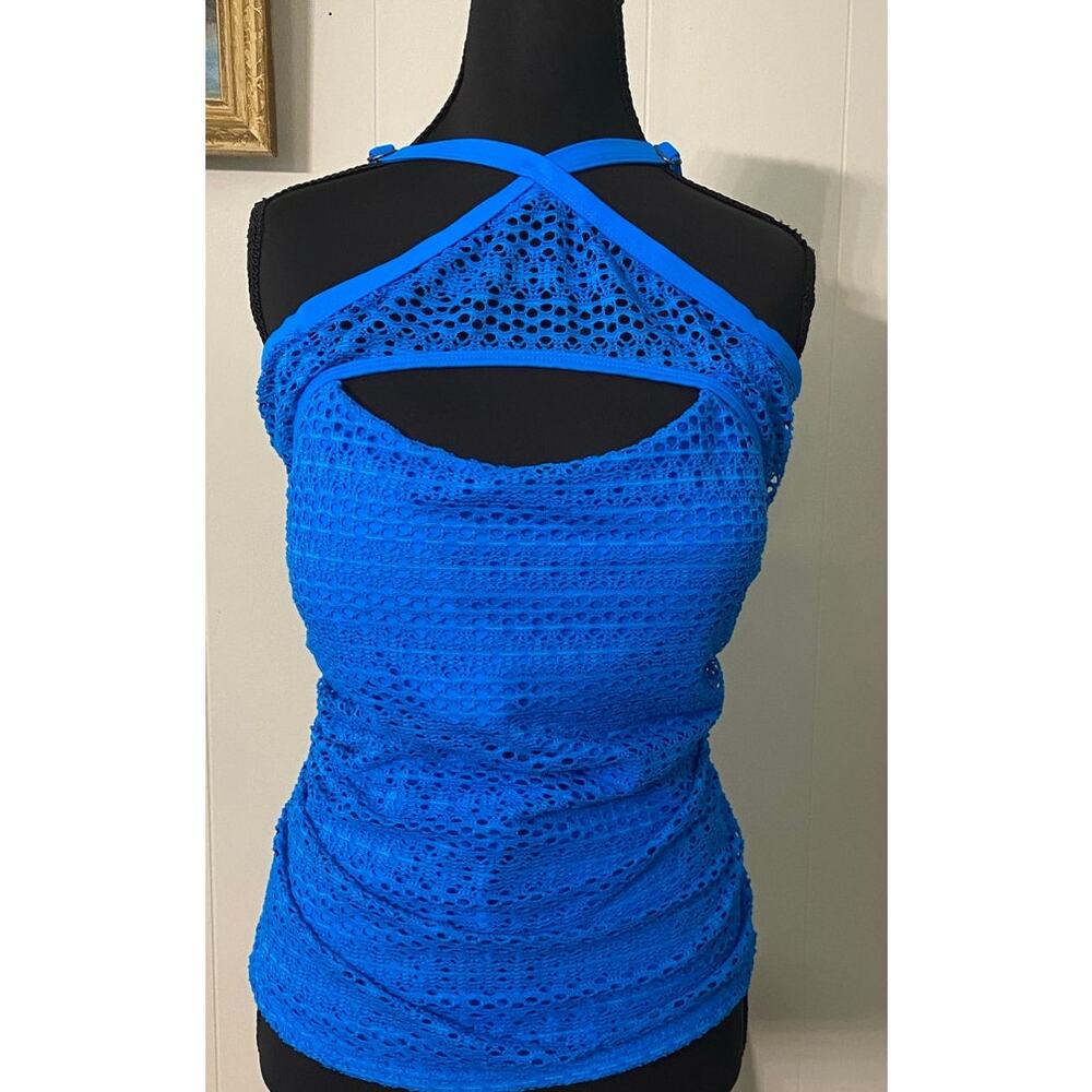 Island Escape Blue Aloha High Neck Crochet Tankini‎ Adjustable Straps Size 16